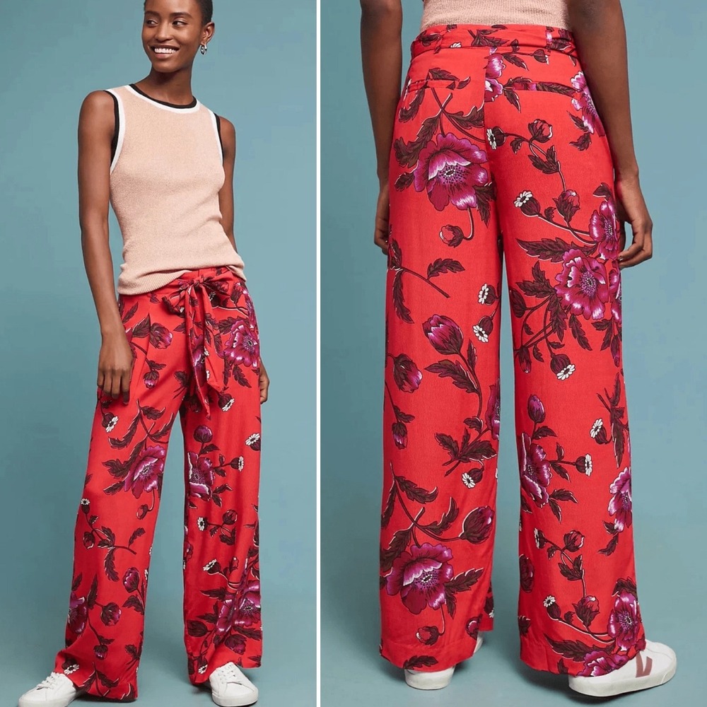 Anthropologie ETT:TWA Margo‎ Wide Leg Pants 2 red floral flowy trousers boho